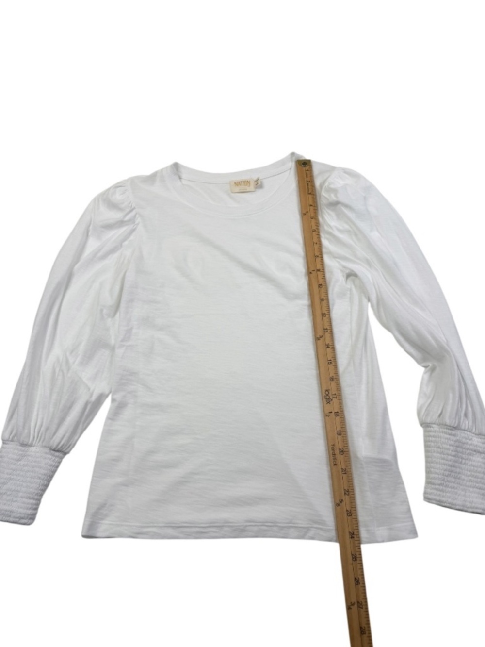 Nation LTD Loren Tee White Pima Cotton Puff Sleeve Smocked Cuff Top - Picture 12 of 16